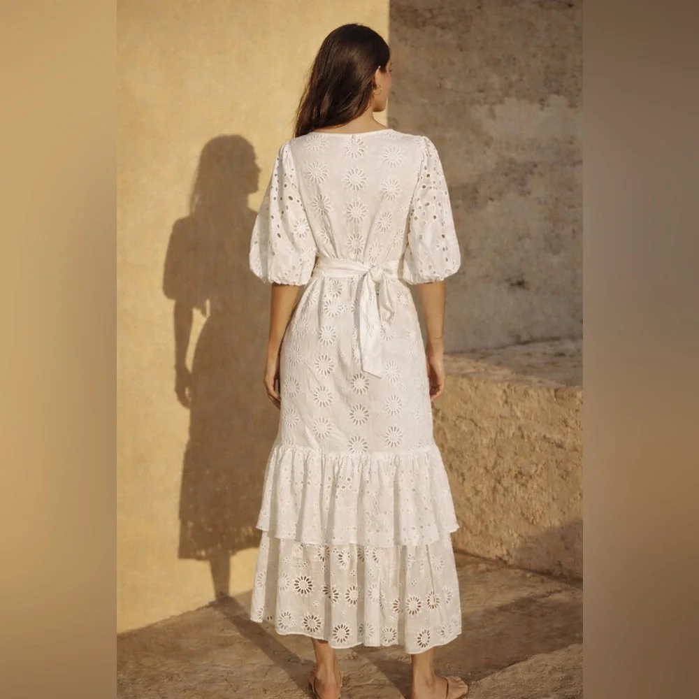 ZARA BELTED EMBROIDERED MIDI DRESS OYSTER WHITE SIZE S - Picture 5 of 15